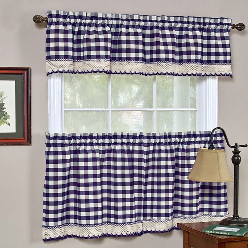 Buffalo Check Gingham Kitchen Curtain Separates, Navy, 58x14 & 58x36 Inches