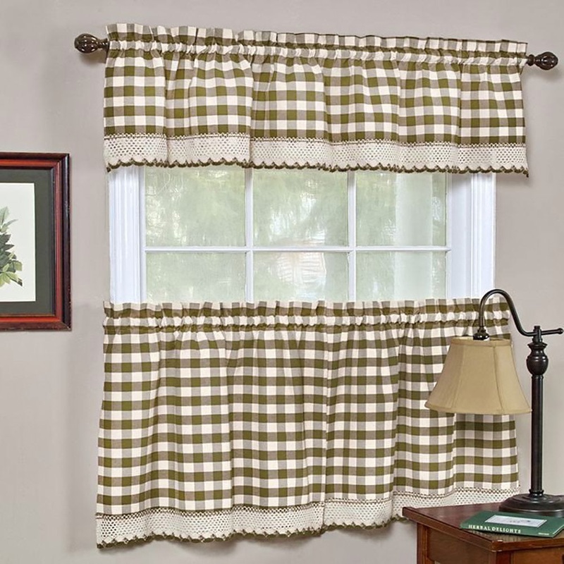 Buffalo Check Gingham Kitchen Curtain Separates, Taupe, 58x14 & 58x36 Inches