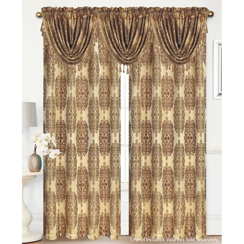 Fiona Jacquard Medallion Rod Pocket Panel And Valance Treatments, Gold