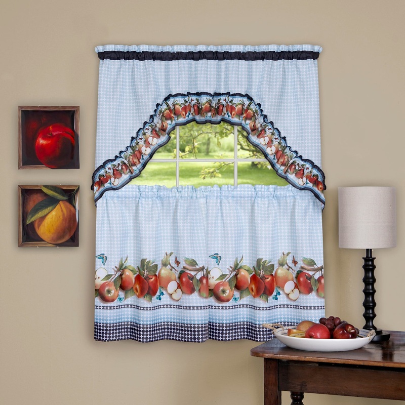 Golden Delicious 3-Piece Kitchen Curtain Swag & Tiers Set, Ice Blue, 57x36 & 57x30