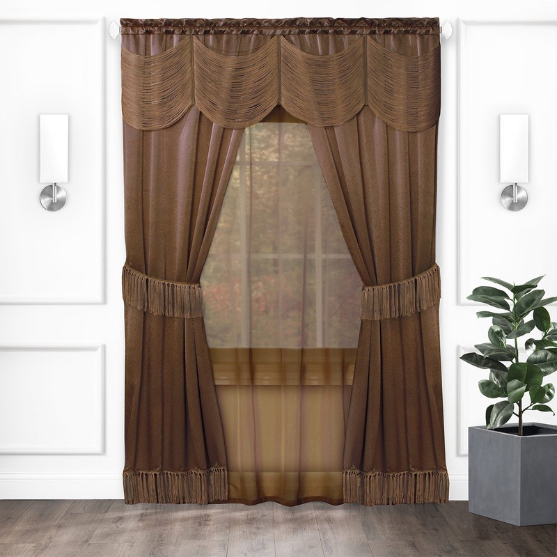 Halley Satin 6-Piece Window Set with Austrian Valance, Chocolate, 56x84 Inches