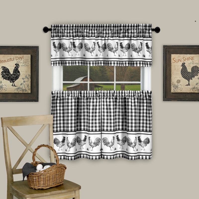 Barnyard Kitchen Curtain Tier and Valence Set, Black, 58x14 and 58x36 Inches