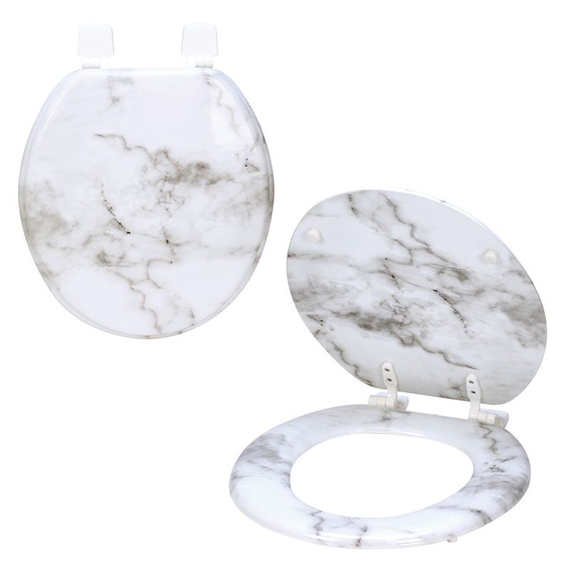 Bath Bliss Marbleized Print Toilet Seat, White, Fits Standard Round Bowls, 17 Inches