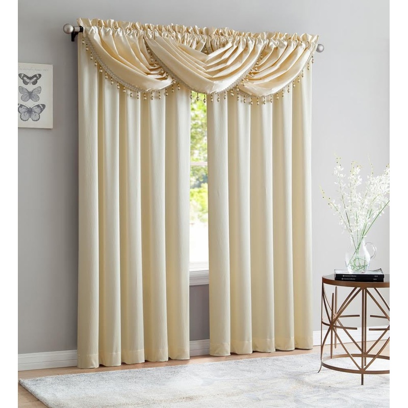Bridget Crushed Satin Rod Pocket Panel and Waterfall Valance Window Treatments, Beige