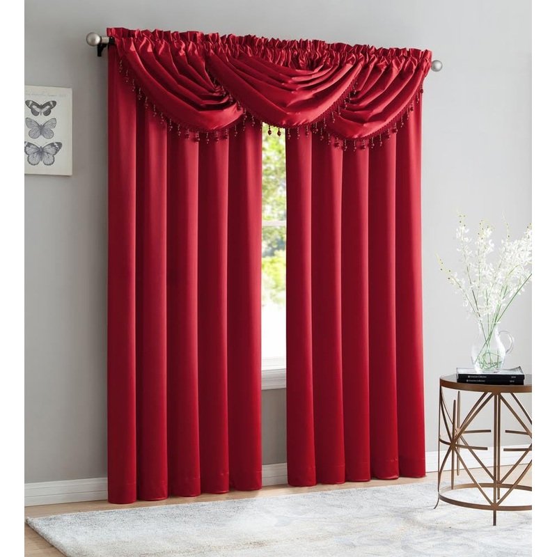 Bridget Crushed Satin Rod Pocket Panel and Waterfall Valance Window Treatments, Red