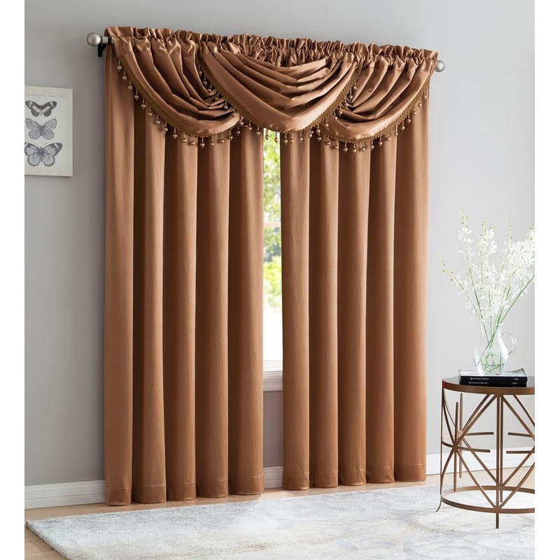 Bridget Crushed Satin Rod Pocket Panel and Waterfall Valance Window Treatments, Rust