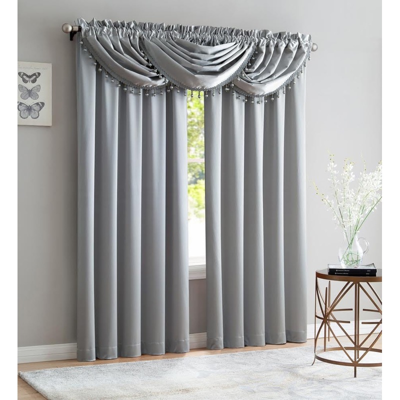 Bridget Crushed Satin Rod Pocket Panel and Waterfall Valance Window Treatments, Silver