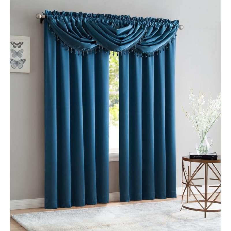 Bridget Crushed Satin Rod Pocket Panel and Waterfall Valance Window Treatments, Smoke Blue