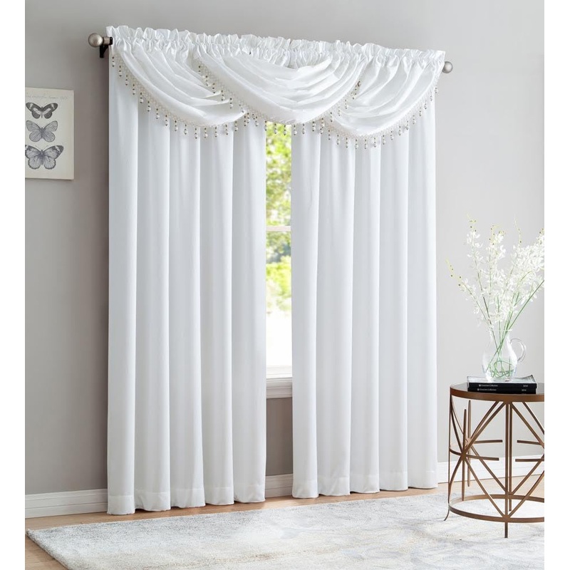 Bridget Crushed Satin Rod Pocket Panel and Waterfall Valance Window Treatments, White