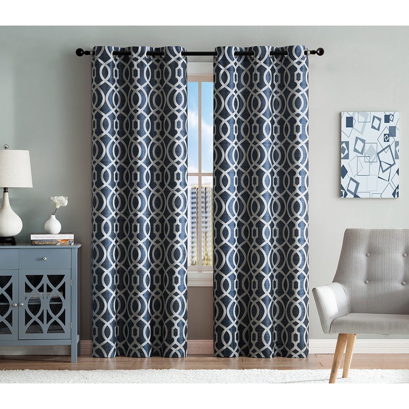 Montana 2-Pack Woven Jacquard Grommet Window Panels, Blue, 76x84 Inches