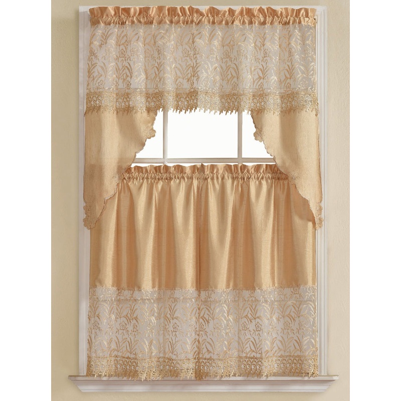 Ortie 3-Piece Gold Embroidered Kitchen Curtain Set, Gold, Tiers 30x36, Swag 60x36 Inches