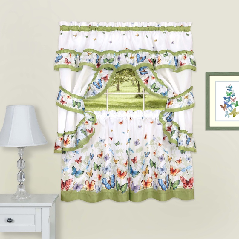 Butterflies 3-Piece Printed Cottage Kitchen Curtain Set, Green, 57x36 Inches