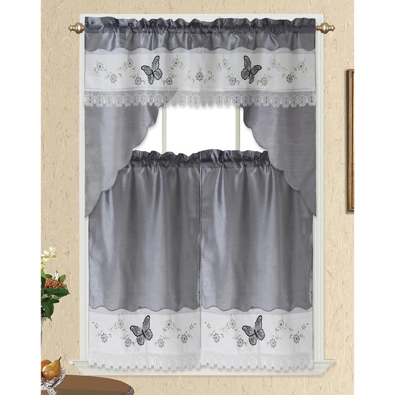 Butterfly 3 Piece Embroidered Kitchen Curtain Set, Silver, Swag 58x36, Tiers 30x36 Inches