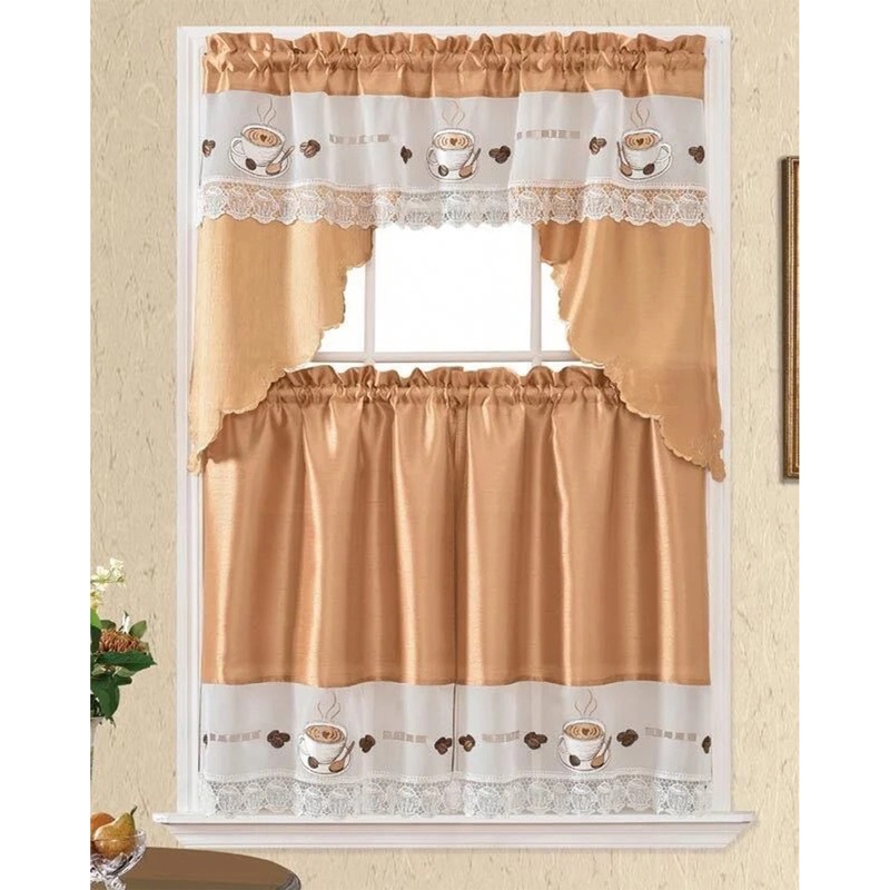 Coffee Cup 3 Piece Embroidered Kitchen Curtain Set, Gold, Swag 58x36, Tiers 30x36 Inches