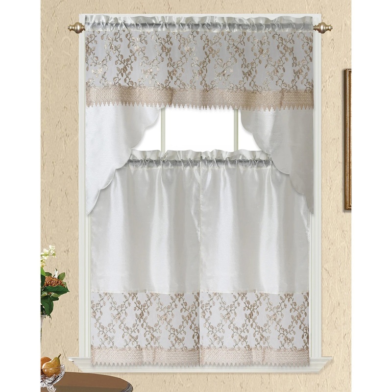 Gold Vines 3 Piece Embroidered Kitchen Curtain Set, Beige Taupe, Swag 58x36, Tiers 30x36 Inches