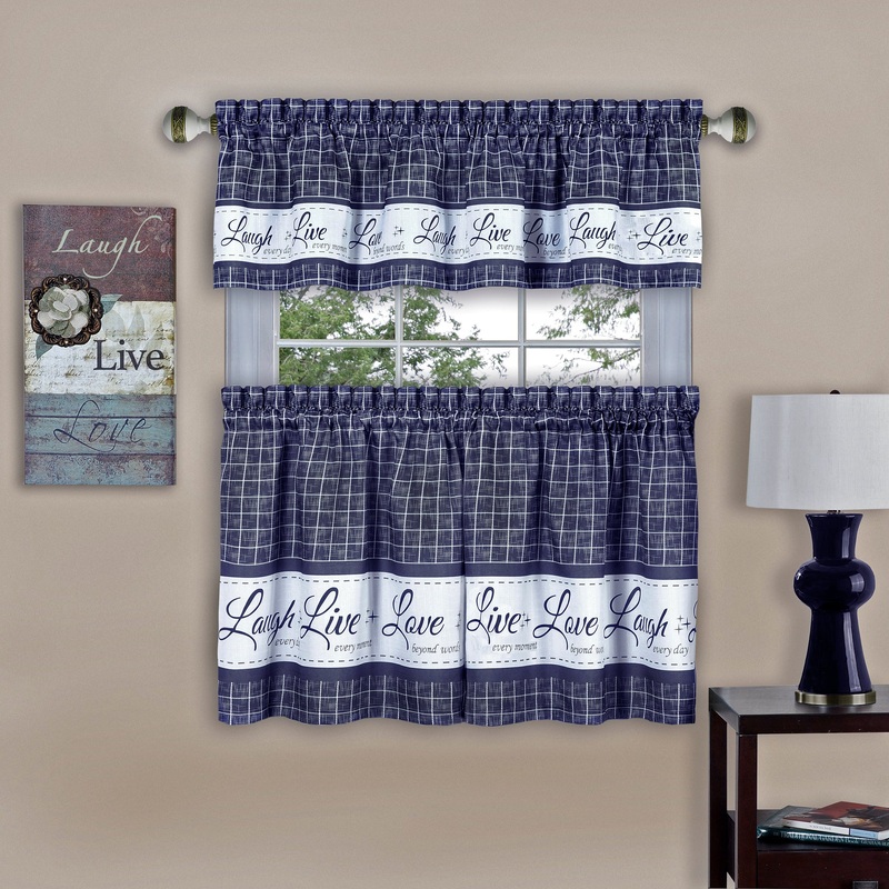 Live Laugh Love 3-Piece Kitchen Curtain Set, Blue, Tiers 58x36, Swag 58x14 Inches
