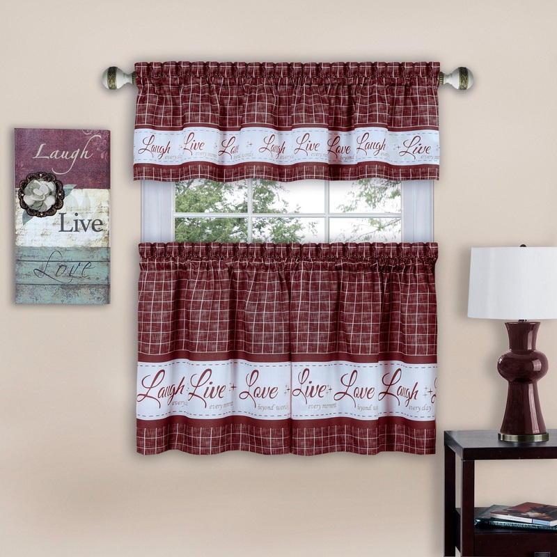 Live Laugh Love 3-Piece Kitchen Curtain Set, Burgundy, Tiers 58x36, Swag 58x14 Inches