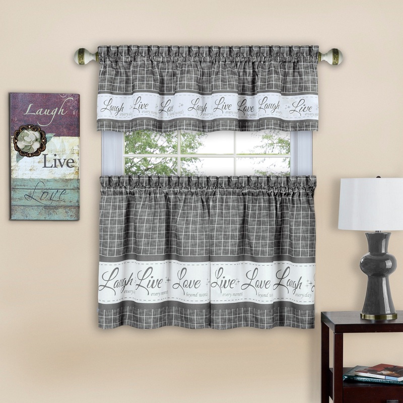 Live Laugh Love 3-Piece Kitchen Curtain Set, Gray, Tiers 58x36, Swag 58x14 Inches