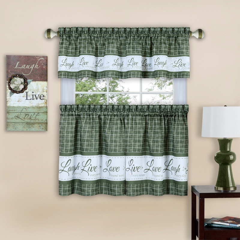 Live Laugh Love 3-Piece Kitchen Curtain Set, Green, Tiers 58x36, Swag 58x14 Inches