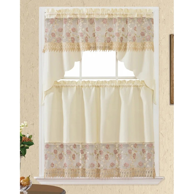Pink Rose 3 Piece Embroidered Kitchen Curtain Set, Beige, Swag 58x36, Tiers 30x36 Inches