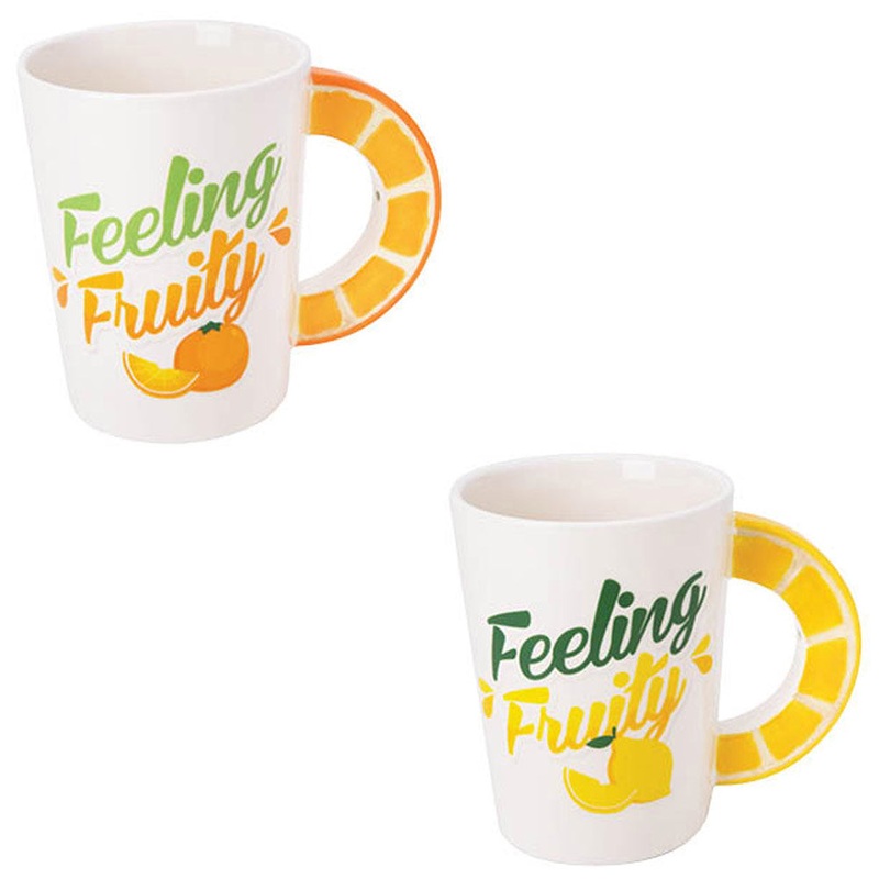 Sip Of Art Ceramic Feeling Fruity Fruit Shaped Handle Mug Set, Orange-Lemon, 12 Ounces (Pack of 2)