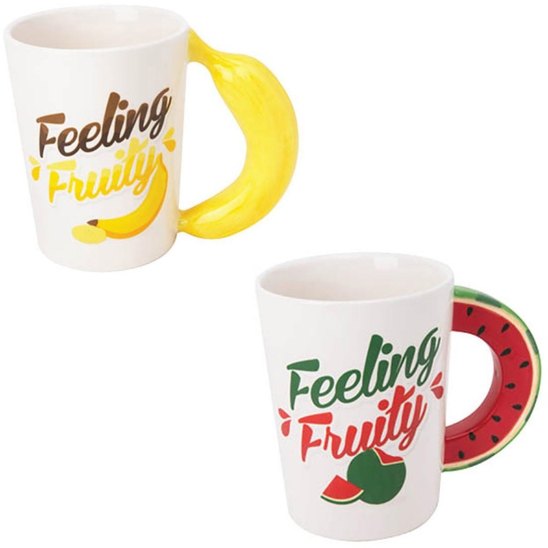 Sip Of Art Ceramic Feeling Fruity Fruit Shaped Handle Mug Set, Watermelon-Banana, 12 Ounces (Pack of 2)