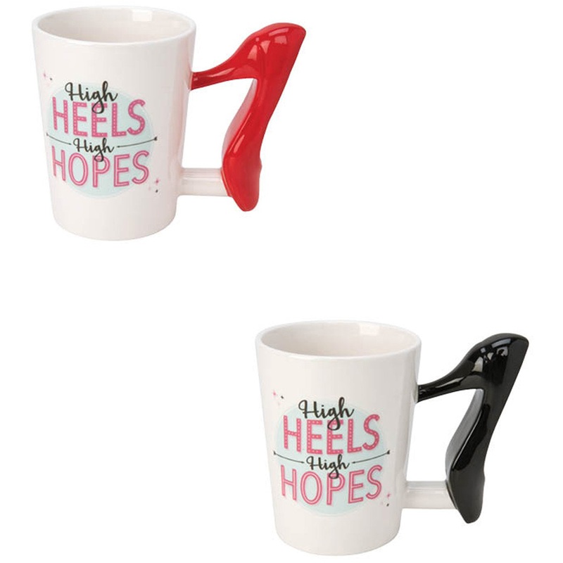 Sip Of Art Ceramic High Heels High Hopes Shaped Handle Mug Set, Red-Black, 12 Ounces