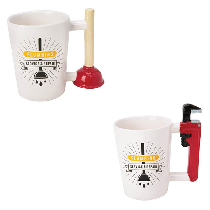 Sip Of Art Ceramic Plumbing Tools Shaped Handle Mug Set, Plunger-Wrench, 12 Ounces