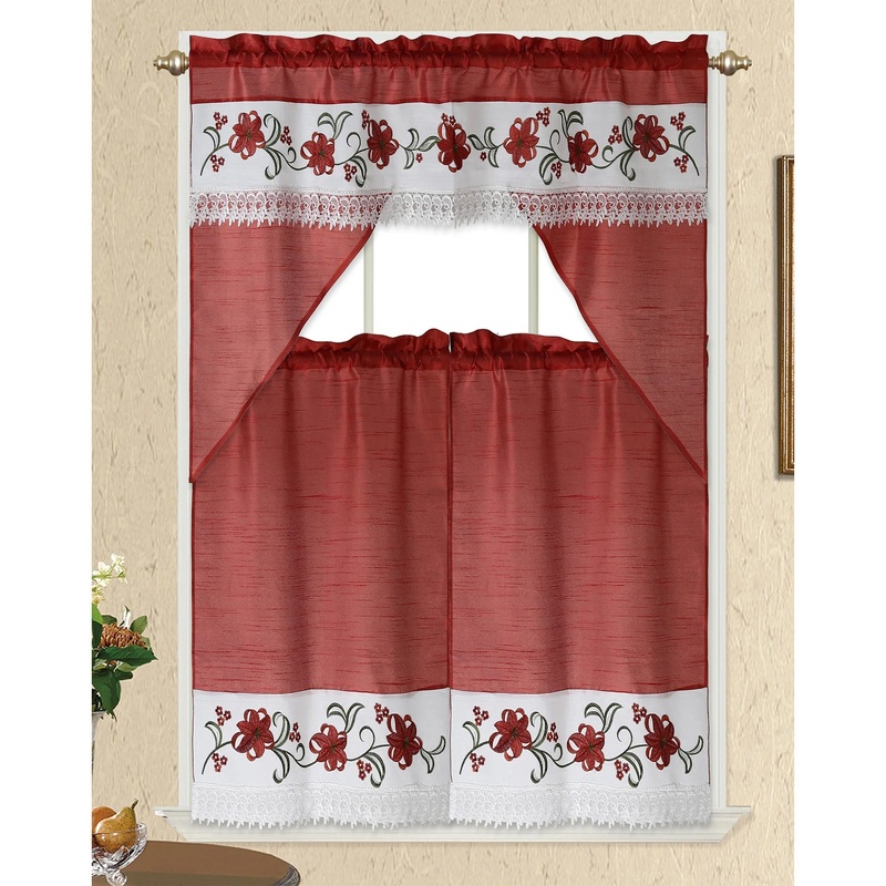 Sunflower 3 Piece Embroidered Kitchen Curtain Set, Coral, Swag 58x36, Tiers 30x36 Inches