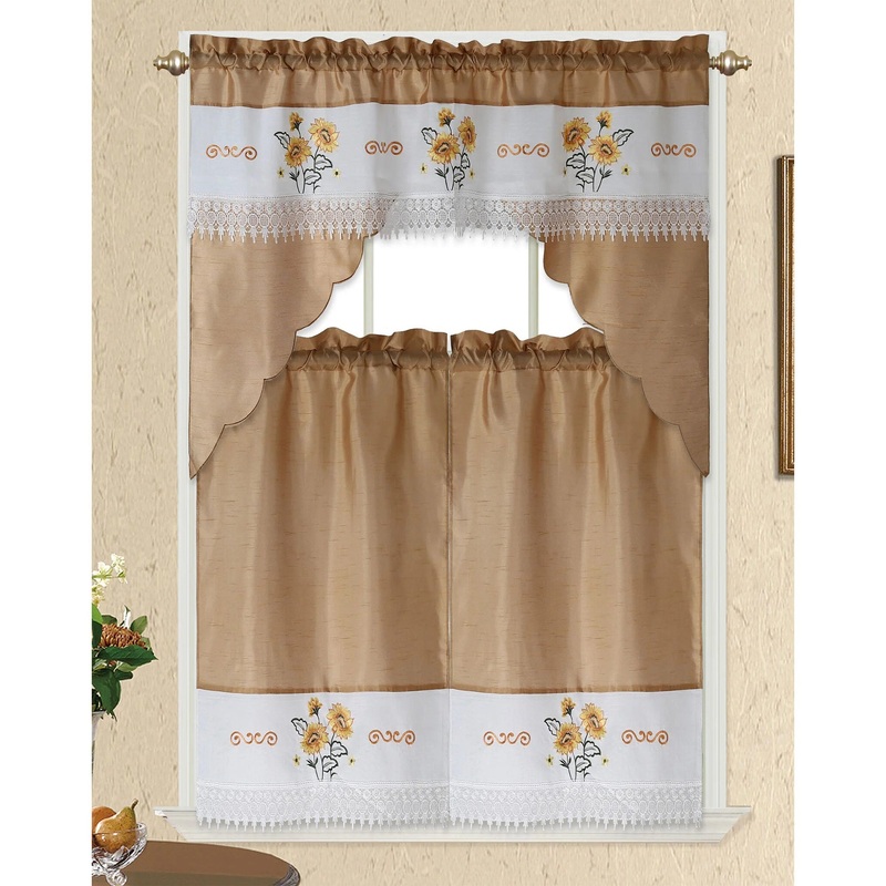 Sunflower 3 Piece Embroidered Kitchen Curtain Set, Taupe, Swag 58x36, Tiers 30x36 Inches