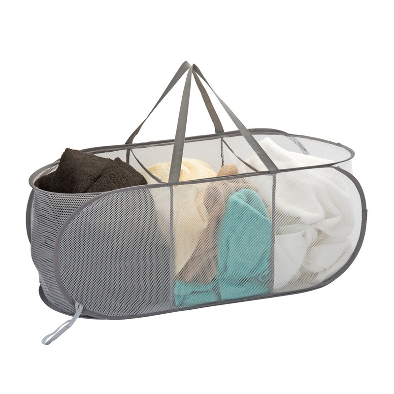 Woolite 3-Compartment Pop-Up Mesh Laundry Hamper, Grey, 33.8x13.7x13.7 Inches