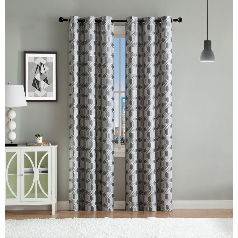 Eli 2-Pack Jacquard Design Grommet Window Panel, Grey, 76x84 Inches