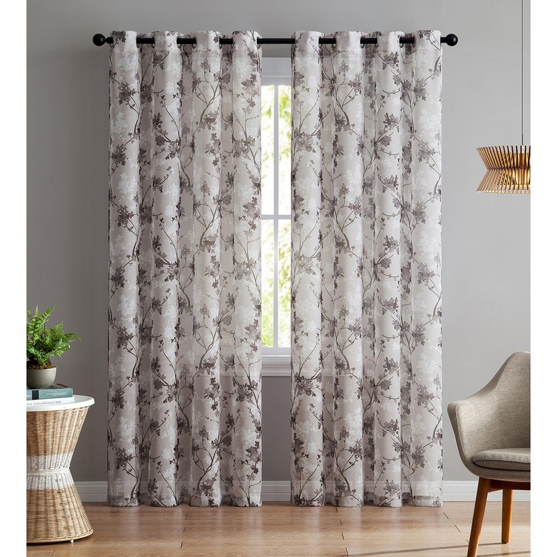 Jasmine 2-Pack Printed Floral Sheer Grommet Panel, Chocolate, 76x84 Inches