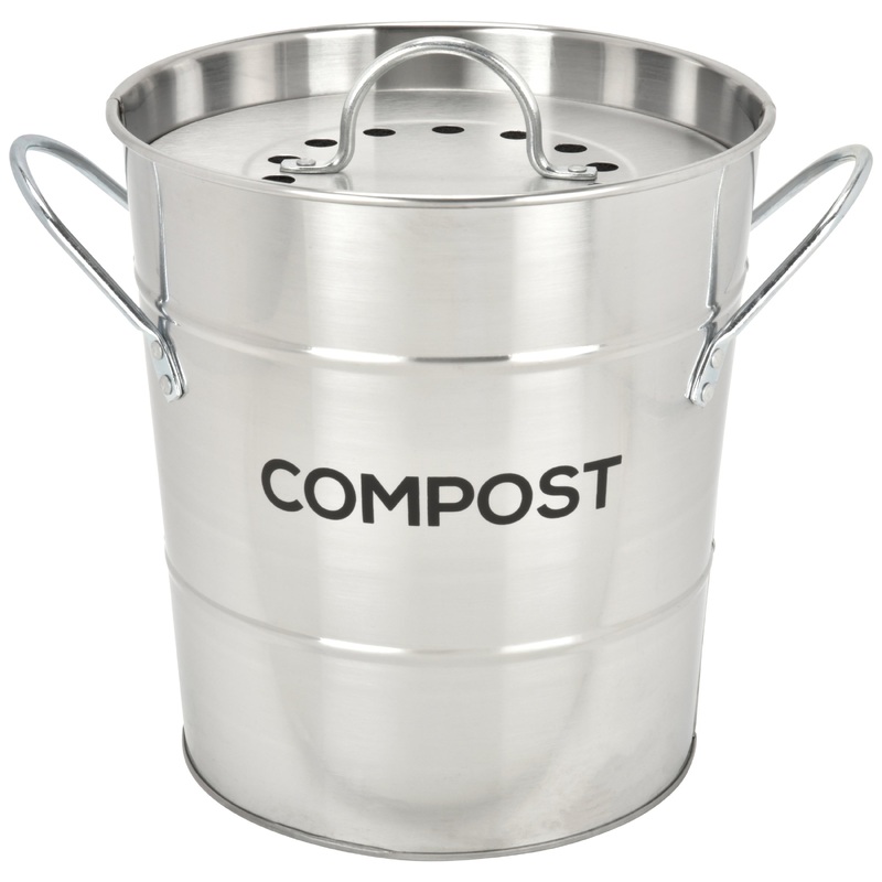 Spigo Steel Kitchen Compost Bin With Vented Charcoal Filter and Bucket, Satin Silver, 1 Gallon