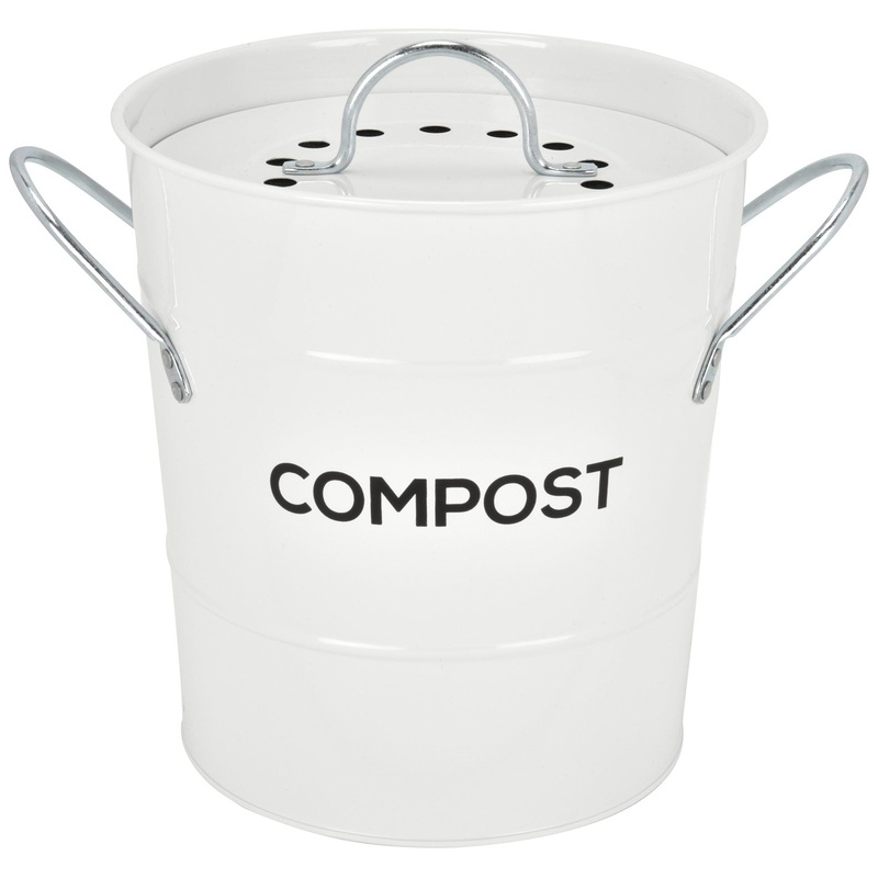 Spigo Steel Kitchen Compost Bin With Vented Charcoal Filter and Bucket, White, 1 Gallon