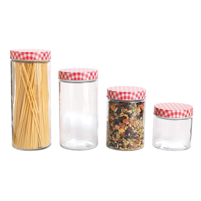 Anchor Hocking 4-Piece Glass Cylinder Jar Set with Gingham Lids, Clear-Red