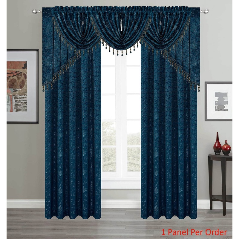 Angelina Jacquard Rose Design Rod Pocket Window Panel, Valance and Swag Treatments, Blue
