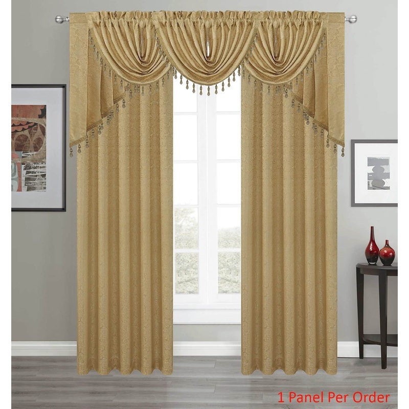 Angelina Jacquard Rose Design Rod Pocket Window Panel, Valance and Swag Treatments, Gold