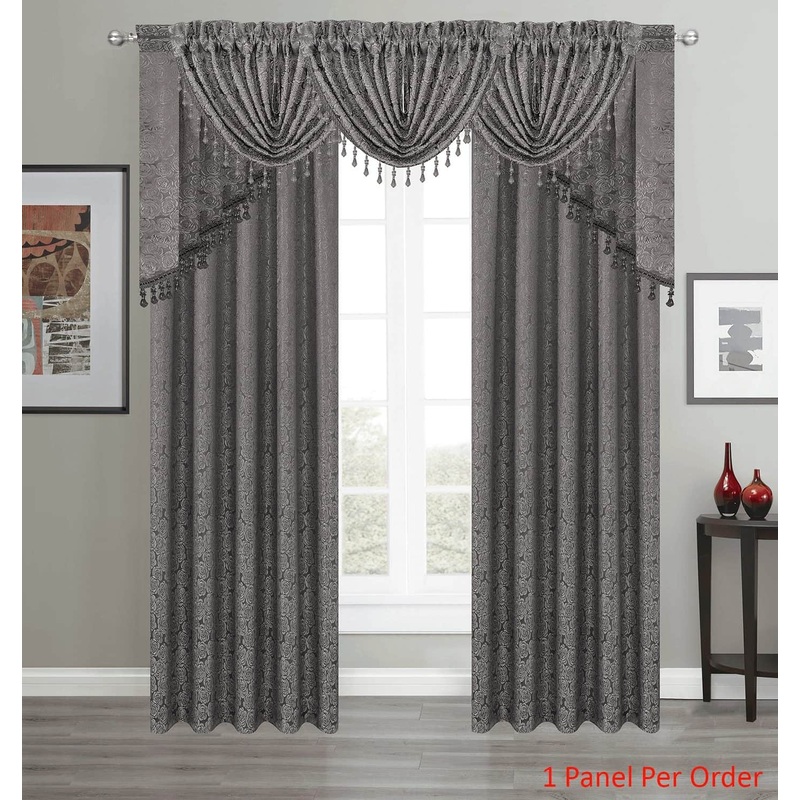 Angelina Jacquard Rose Design Rod Pocket Window Panel, Valance and Swag Treatments, Gray