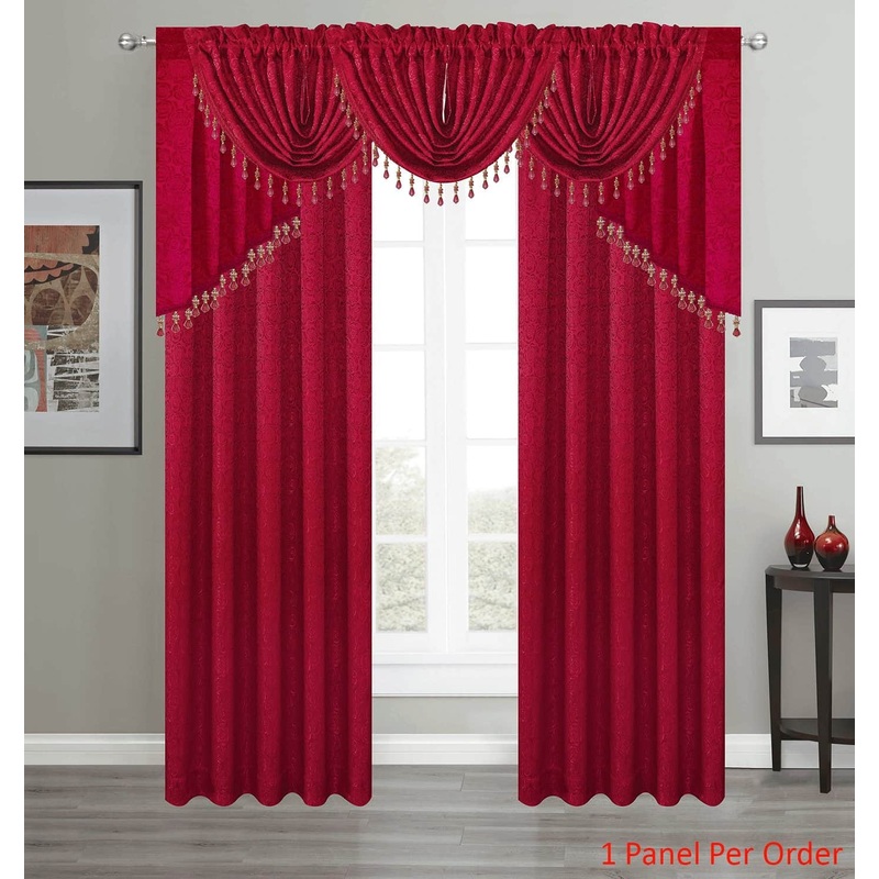 Angelina Jacquard Rose Design Rod Pocket Window Panel, Valance and Swag Treatments, Red