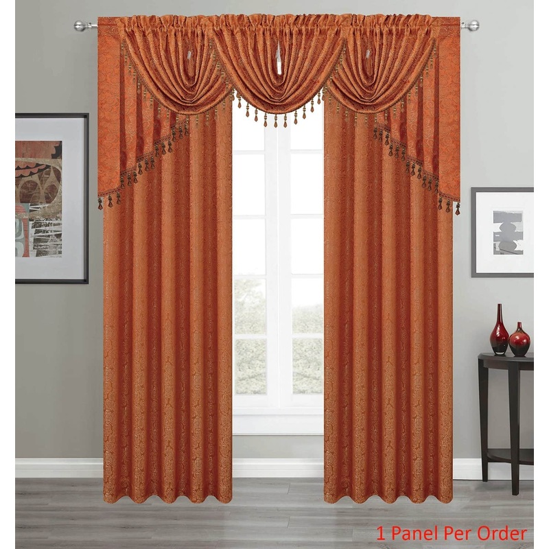 Angelina Jacquard Rose Design Rod Pocket Window Panel, Valance and Swag Treatments, Rust