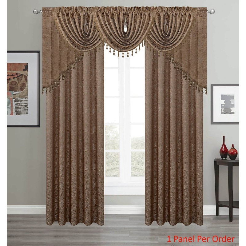 Angelina Jacquard Rose Design Rod Pocket Window Panel, Valance and Swag Treatments, Taupe