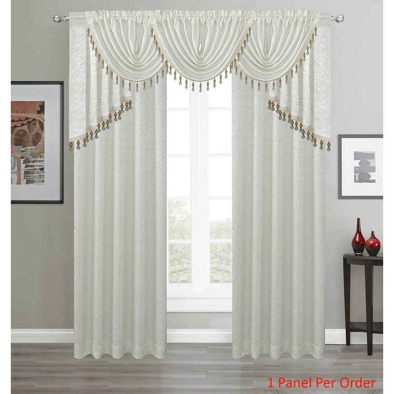 Angelina Jacquard Rose Design Rod Pocket Window Panel, Valance and Swag Treatments, White