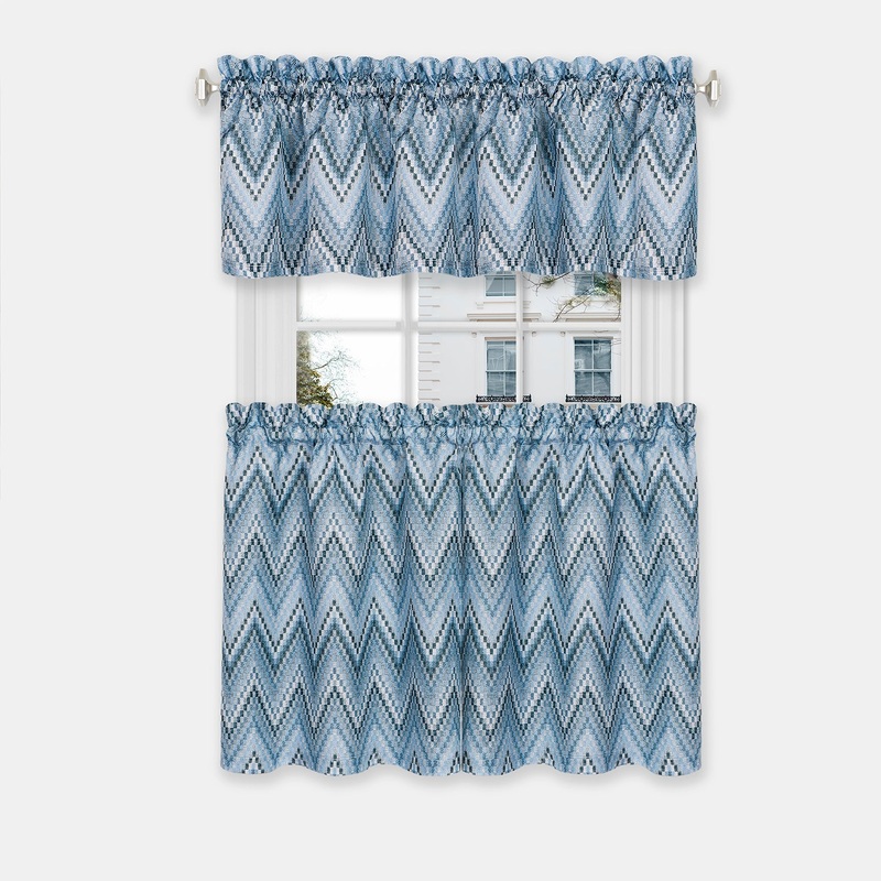 Avery 3-Piece Printed Kitchen Curtain Set, Blue, Tiers 58x36 Inches, Valance 58x14 Inches