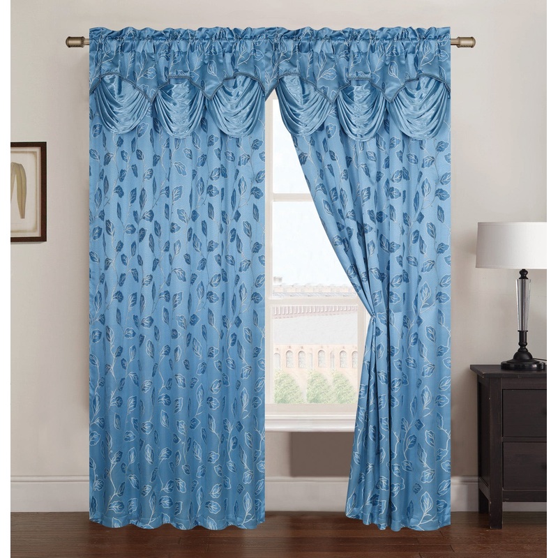 Brenda Jacquard Rod Pocket Panel With Attached Valance, 54x84 Inches, Blue