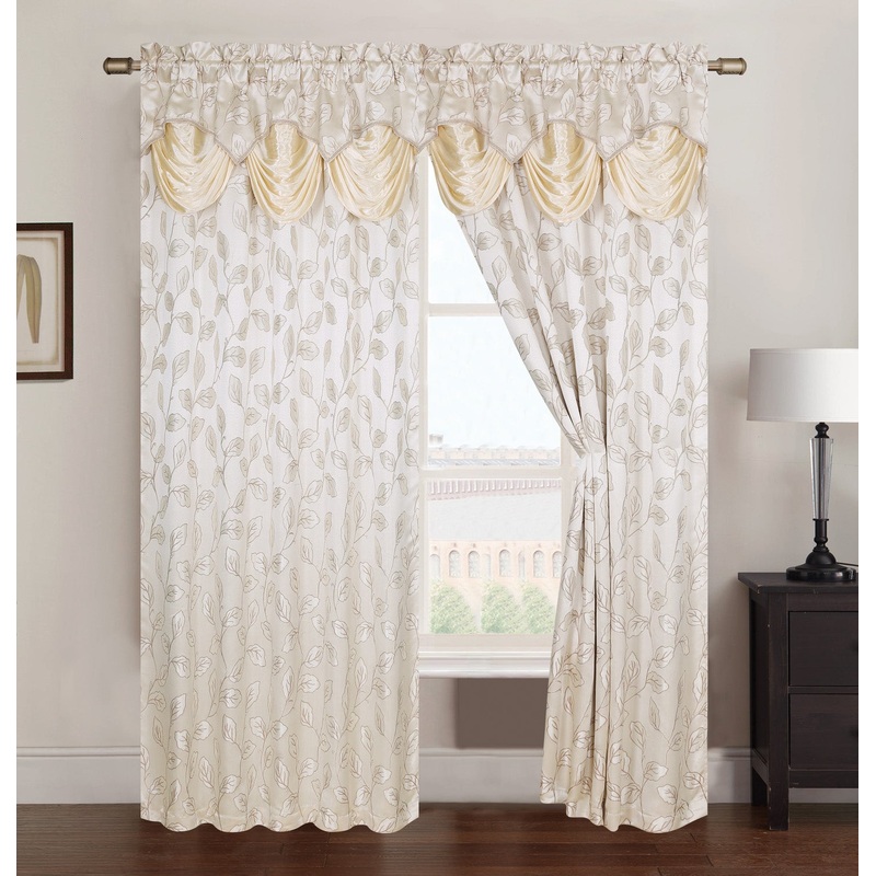 Brenda Jacquard Rod Pocket Panel With Attached Valance, Beige, 54x84 Inches