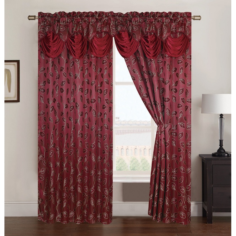 Brenda Jacquard Rod Pocket Panel With Attached Valance, Burgundy, 54x84 Inches