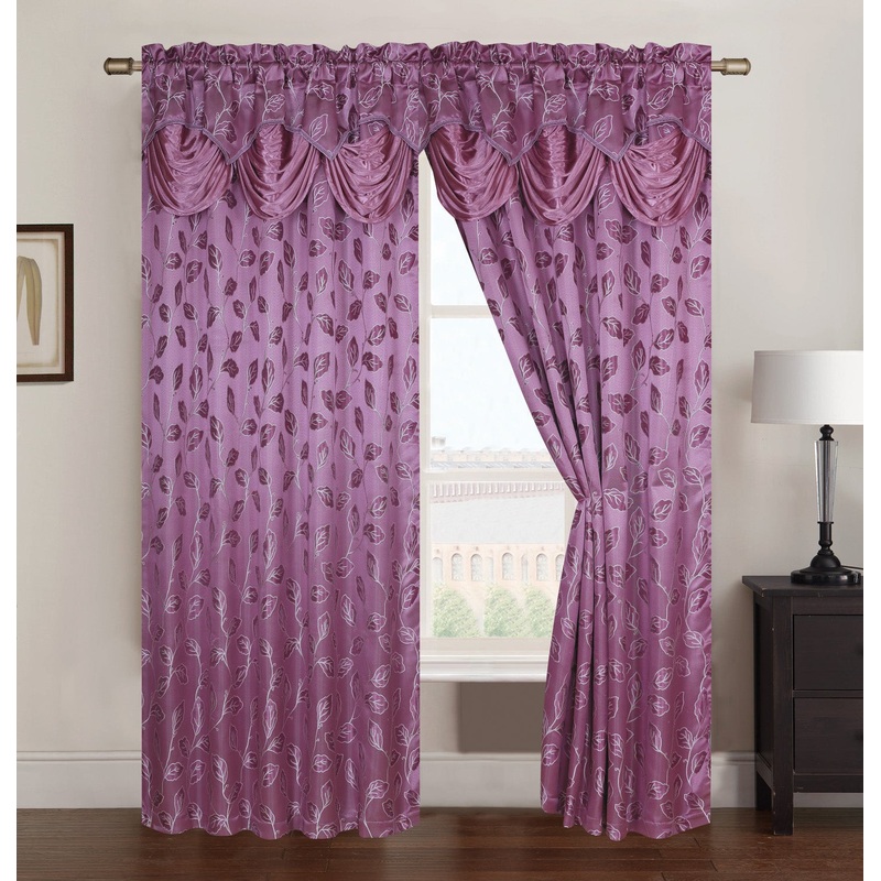 Brenda Jacquard Rod Pocket Panel With Attached Valance, Eggplant, 54x84 Inches