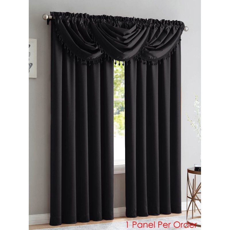 Bridget Crushed Satin Rod Pocket Panel and Waterfall Valance Window Treatments, Black