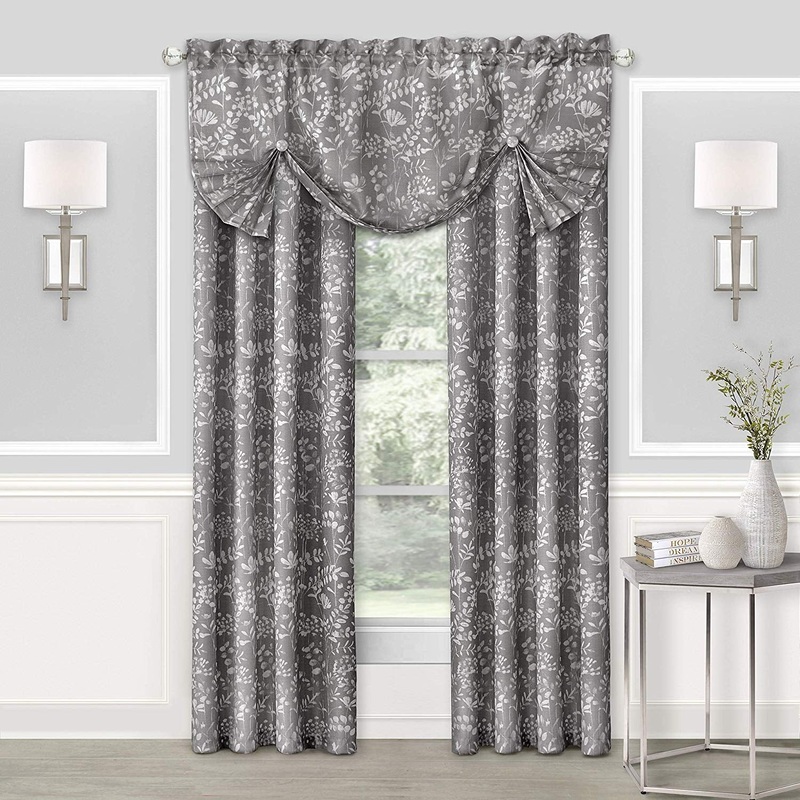Charlotte Floral Design Rod Pocket Window Panel And Valance Treatments, Grey